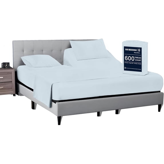 SGI Bedding 36" King Split Top Flex Head sheet 100% Egyptian Cotton Sheet Set - 600 Thread Count Flex Top Sheet for Adjustable Bed 4 Piece Sheet Set 15" Deep for Sleep Number bed - Light Blue