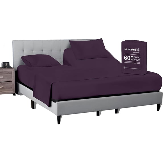 SGI Bedding 34" Queen Split Top Flex Head sheet 100% Egyptian Cotton Sheet Set - 600 Thread Count Flex Top Sheet for Adjustable Bed 4 Piece Sheet Set 15" Deep for Sleep Number bed - Plum