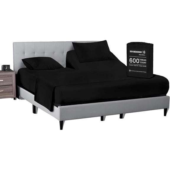 SGI Bedding 28" California King Split Top Flex Head sheet 100% Egyptian Cotton Sheet Set - 600 Thread Count Flex Top Sheet for Adjustable Bed 4 Piece Sheet Set 15" Deep for Sleep Number bed - Black