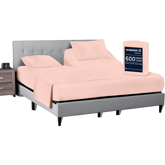 SGI Bedding 32" King Split Top Flex Head sheet 100% Egyptian Cotton Sheet Set - 600 Thread Count Flex Top Sheet for Adjustable Bed 4 Piece Sheet Set 15" Deep for Sleep Number bed - Peach