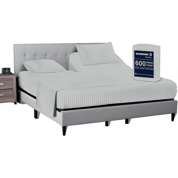 SGI Bedding 39" King Split Top Flex Head sheet 100% Egyptian Cotton Sheet Set - 600 Thread Count Flex Top Sheet for Adjustable Bed 4 Piece Sheet Set 15" Deep for Sleep Number bed - Silver Stripe