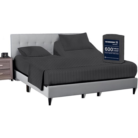 SGI Bedding 39" King Split Top Flex Head sheet 100% Egyptian Cotton Sheet Set - 600 Thread Count Flex Top Sheet for Adjustable Bed 4 Piece Sheet Set 15" Deep for Sleep Number bed - Dark Gray Stripe