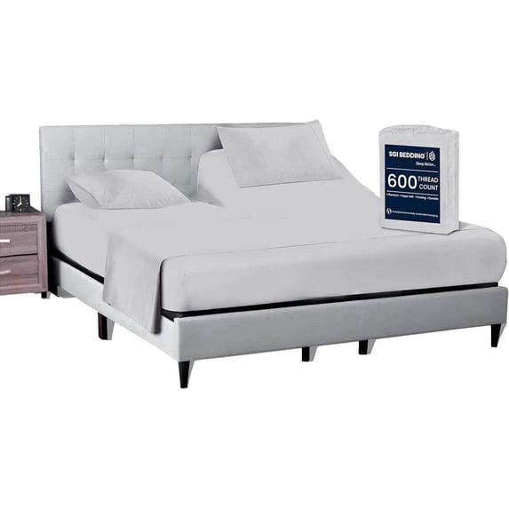 SGI Bedding 32" California King Split Top Flex Head sheet 100% Egyptian Cotton Sheet Set - 600 Thread Count Flex Top Sheet for Adjustable Bed 4 Piece Sheet Set 15" Deep for Sleep Number bed - Silver
