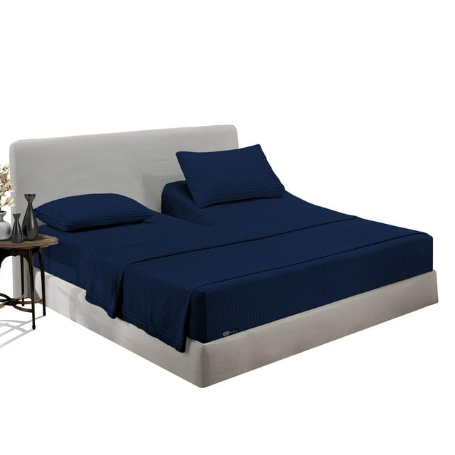 SGI Bedding Egyptian Cotton Top Split Sheet Set Stripe Adjustable Bed 39" Split Head Cal King 600 TC 15" Deep Navy Blue