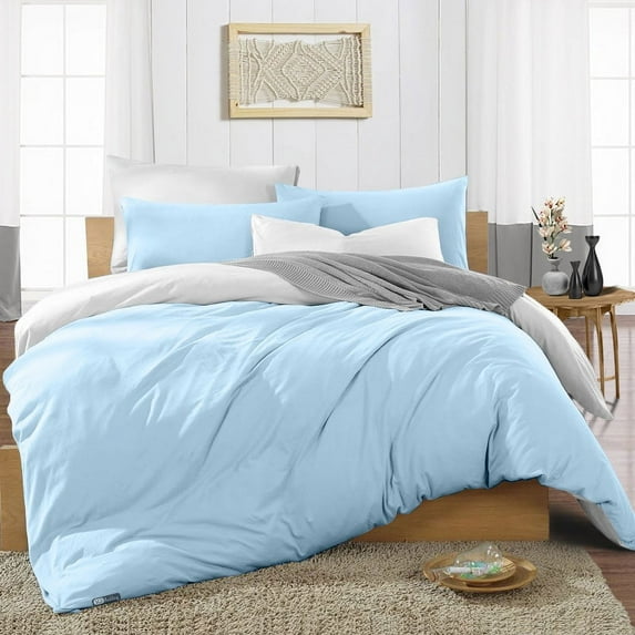 SGI Bedding Queen Size Duvet Covers Egyptian Cotton 1000TC 3 Piece Set Light Blue Reversible