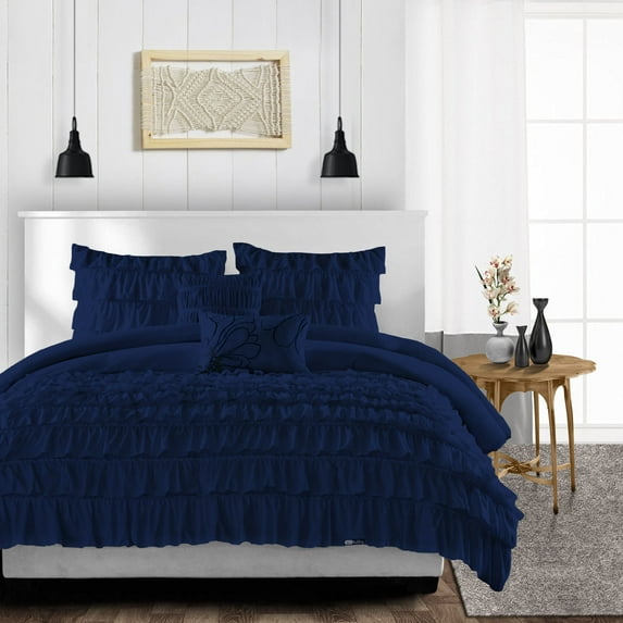 SGI Bedding Twin Size Duvet Covers Egyptian Cotton 1000 TC Ultra 3 Piece Set Navy Blue Multi Ruffle