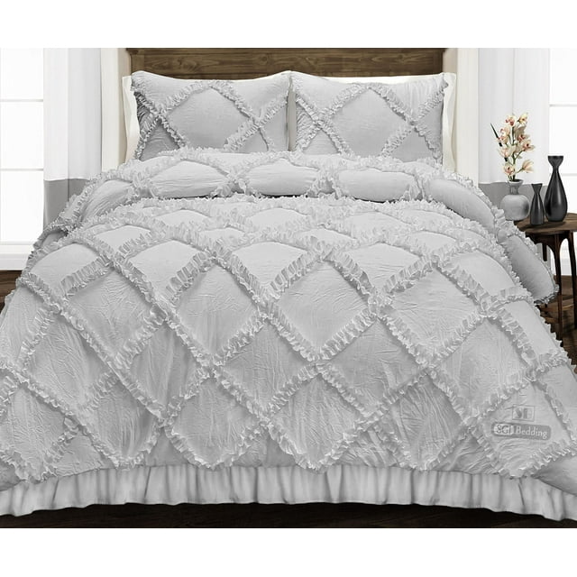 SGI California King Diamond Ruffle Comforter Set Microfiber 3 Piece Light Gray