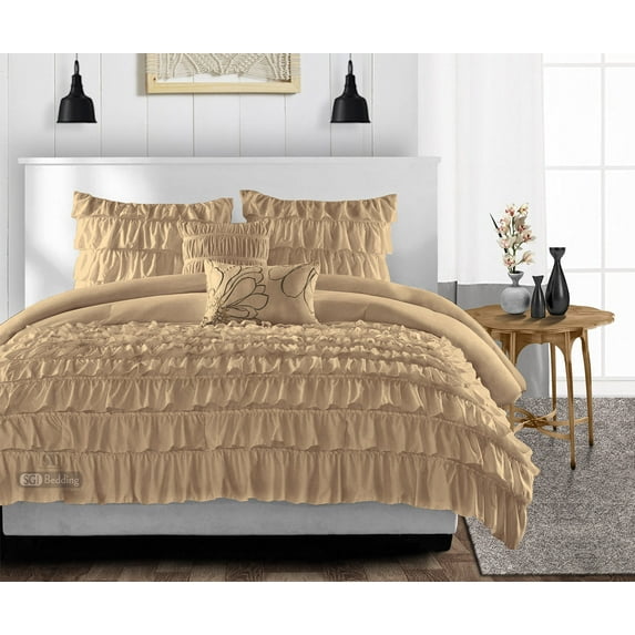 SGI California King Multi Ruffle Comforter Set Microfiber Taupe 3 Piece