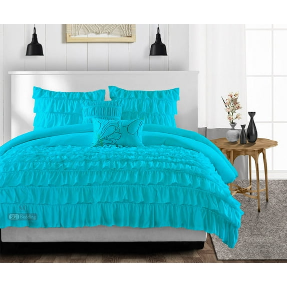SGI California King Multi Ruffle Comforter Set Microfiber Turquoise Blue 3 Piece