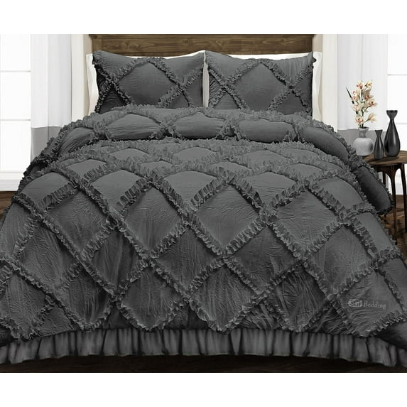 SGI Full Diamond Ruffle Comforter Set Microfiber 3 Piece Dark Gray