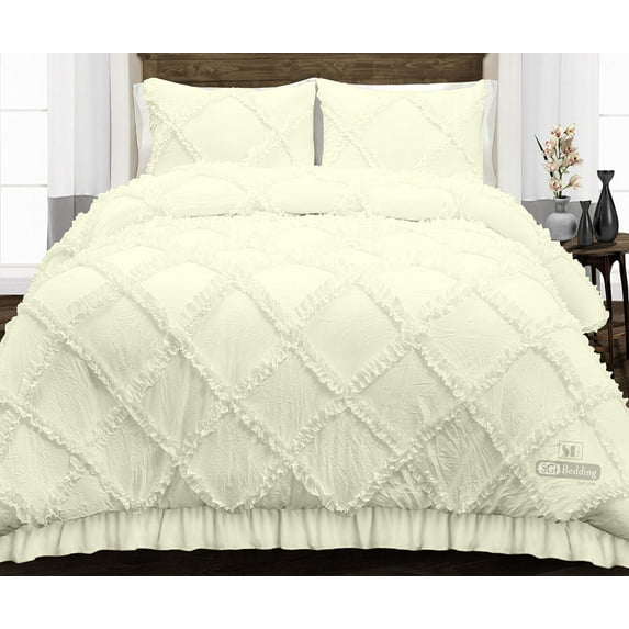 SGI Full Diamond Ruffle Comforter Set Microfiber 3 Piece Ivory