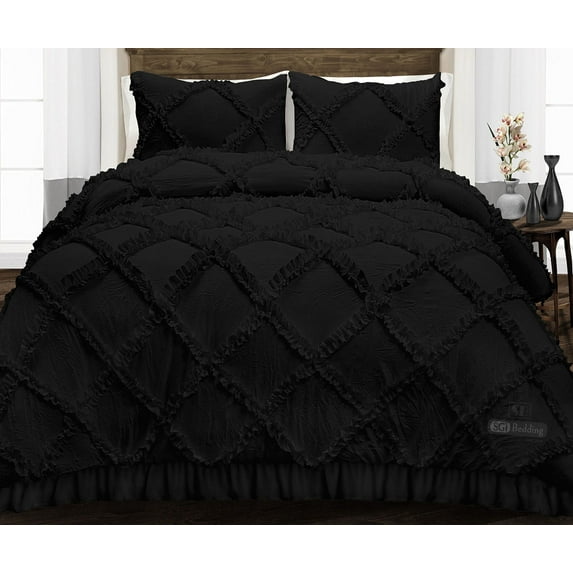 SGI King Diamond Ruffle Comforter Set Microfiber 3 Piece Black