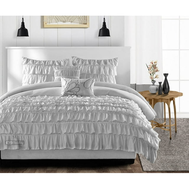SGI King Multi Ruffle Comforter Set Microfiber Light Gray 3 Piece