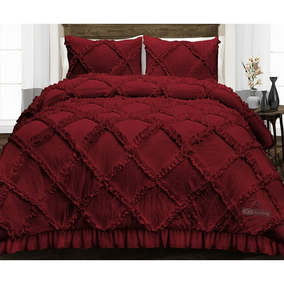 SGI Oversized /Palatial King Diamond Ruffle Comforter Set Microfiber 3 Piece Burgundy