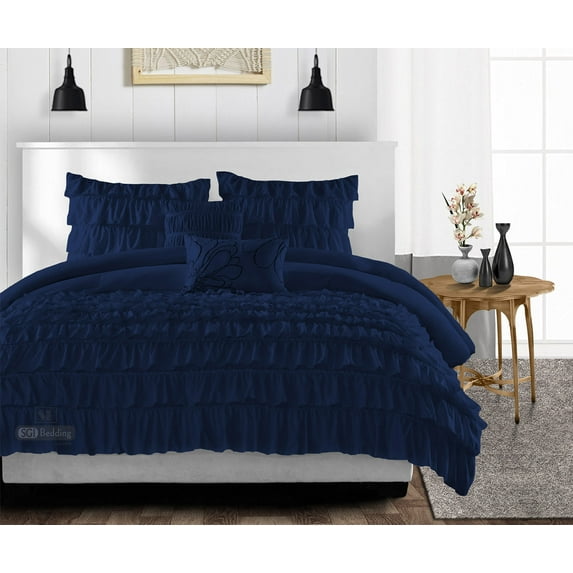 SGI Oversized /Palatial King Multi Ruffle Comforter Set Microfiber Navy Blue 3 Piece