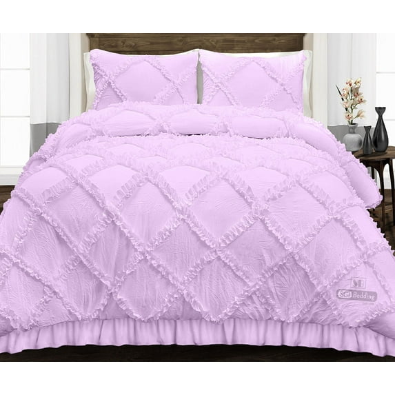 SGI Oversized Queen Diamond Ruffle Comforter Set Microfiber 3 Piece Lilac