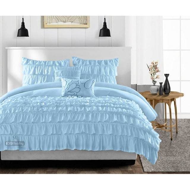 SGI Oversized Queen Multi Ruffle Comforter Set Microfiber Light Blue 3 Piece