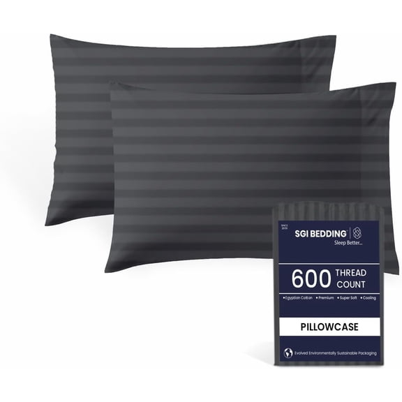 SGI Bedding 600 TC Pillowcase Set Dark Gray Stripe 2 Piece Standard Size