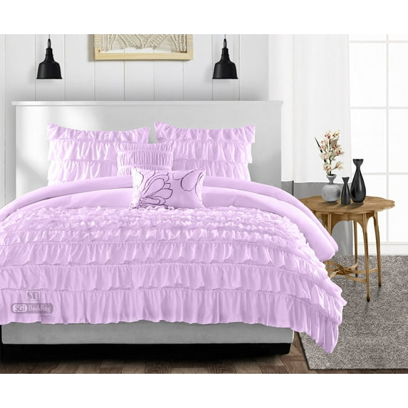 SGI Queen Multi Ruffle Comforter Set Microfiber Lilac 3 Piece