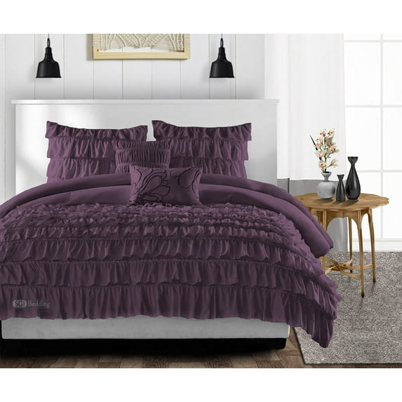 SGI Queen Multi Ruffle Comforter Set Microfiber Plum 3 Piece