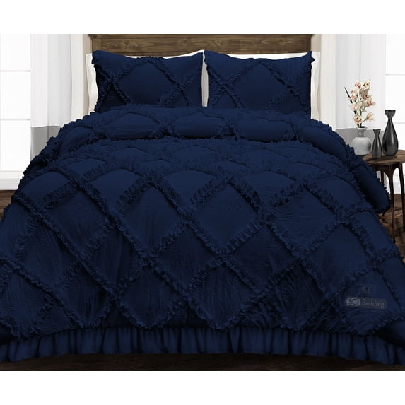SGI Super King Plus Diamond Ruffle Comforter Set Microfiber 3 Piece Navy Blue