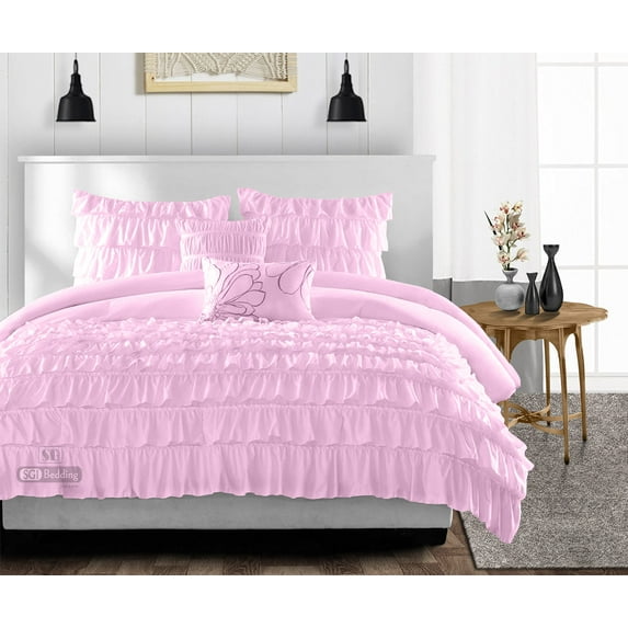 SGI Super King Plus Multi Ruffle Comforter Set Microfiber Pink 3 Piece