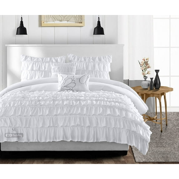 SGI Super King Plus Multi Ruffle Comforter Set Microfiber White 3 Piece