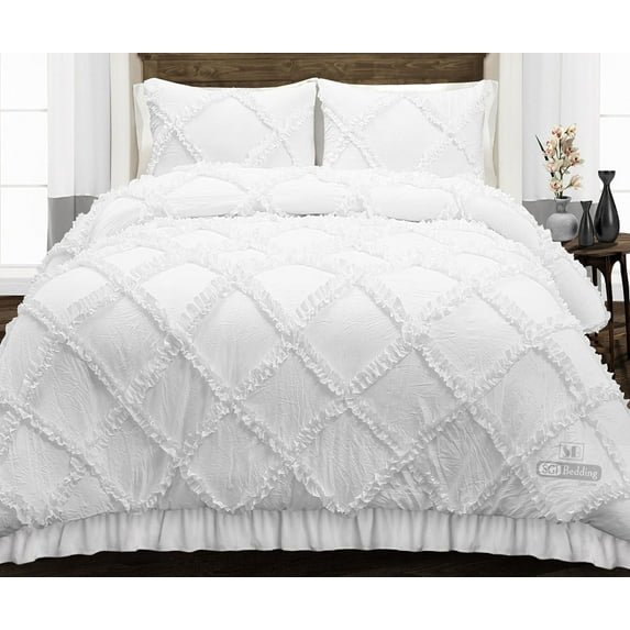 SGI SuperKing P Plus Diamond Ruffle Comforter Set Microfiber 3 Piece White