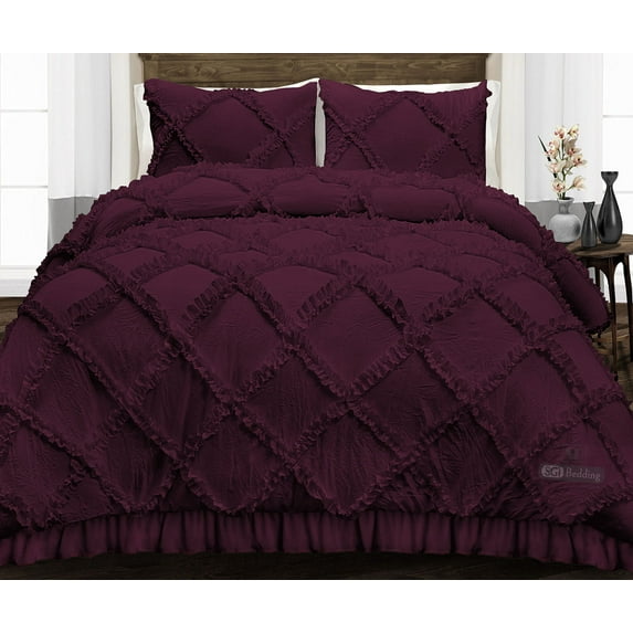 SGI SuperKing P Plus Diamond Ruffle Comforter Set Microfiber 3 Piece Wine