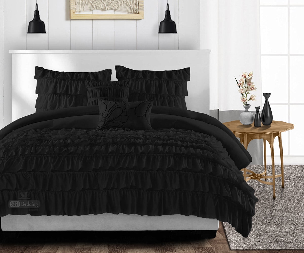 SGI Twin Multi Ruffle Comforter Set Microfiber Black 3 Piece - Walmart.com
