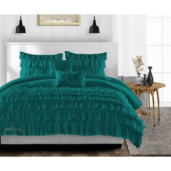 SGI Twin Multi Ruffle Comforter Set Microfiber Teal 3 Piece