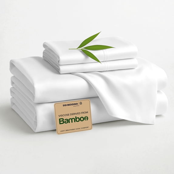 SGI bedding 108"x 108" 4 Pc Alaskan King Sheet Set 100% Organically Grown Bamboo Viscose - Deep Pocket 18" Ultra Soft, Breathable, Hotel Quality Sheets, Oversized Bed Sheets, White