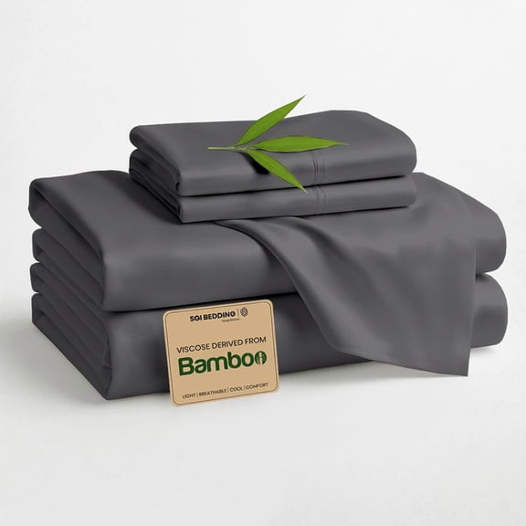 SGI bedding 108"x 108" 4 Pc Alaskan King Sheet Set 100% Organically Grown Bamboo Viscose - Deep Pocket 18" Ultra Soft, Breathable, Hotel Quality Sheets, Oversized Bed Sheets, Dark Grey