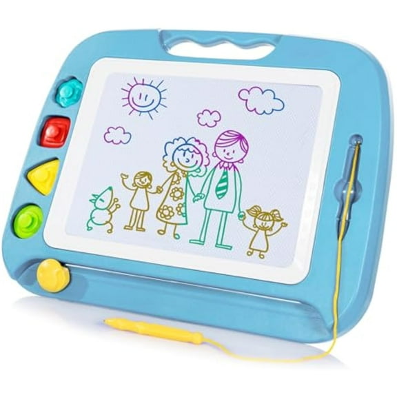 SGILE Large Magnetic Drawing Board - 4 Colors 16×13in Doodle Pad with 4 Stamps for Toddlers, Learning Toy Board Etch Sketch Gift for 36+ Month Kids Girls Boys, Light-Blue