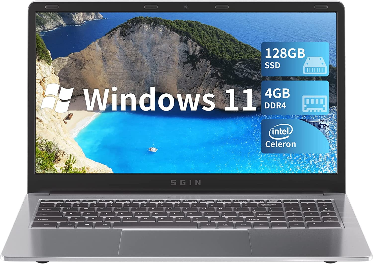 SGIN 15.6inch Laptop 4GB DDR4 128GB SSD Windows 11 with 4 Core Intel  Celeron, HD 1366*768 IPS
