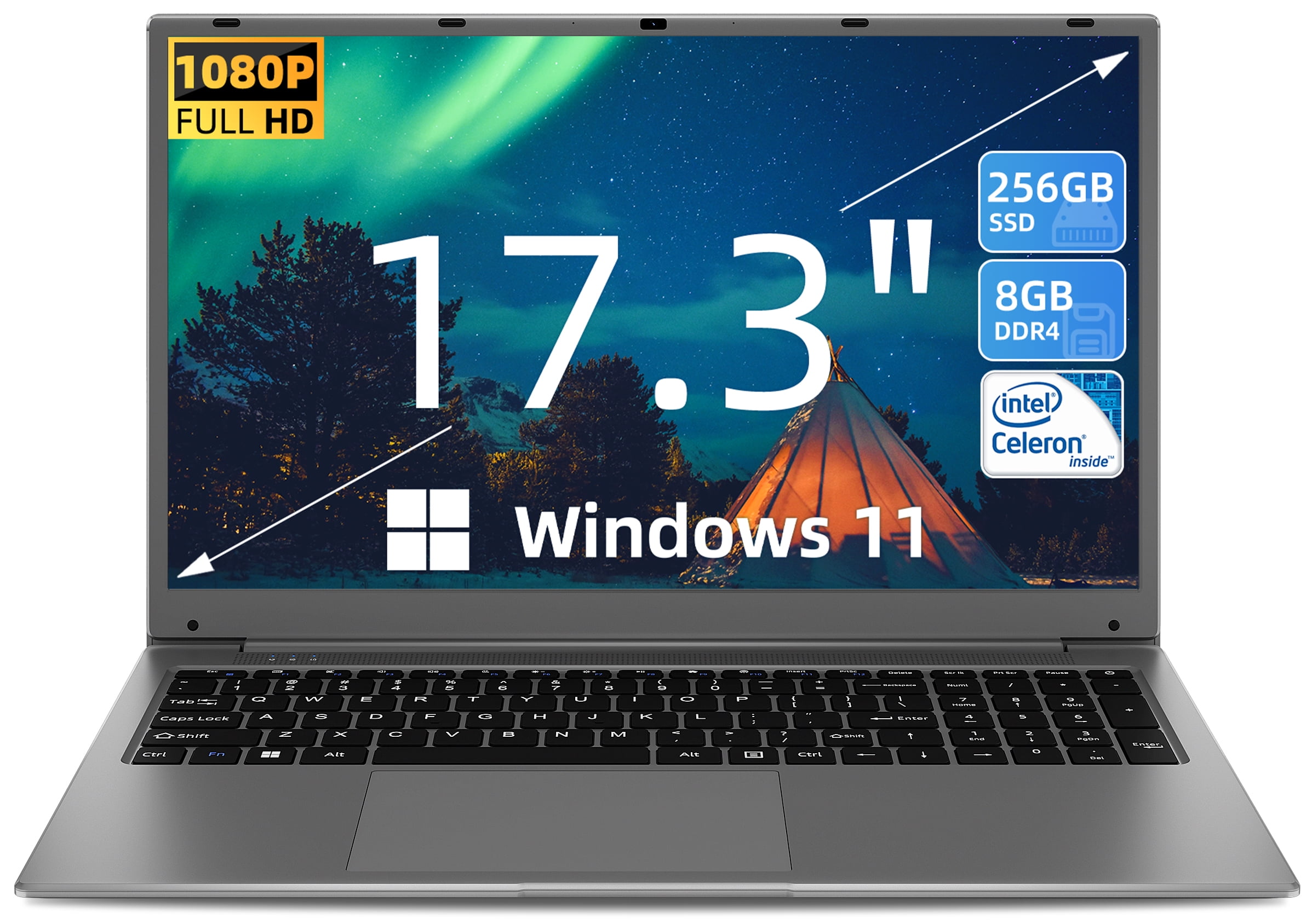 SGIN 17in 8GB DDR4 256GB ROM Windows 11 Laptop IPS 1920 x 1080 FHD 4-Core  Intel Celeron, Mini HDMI 