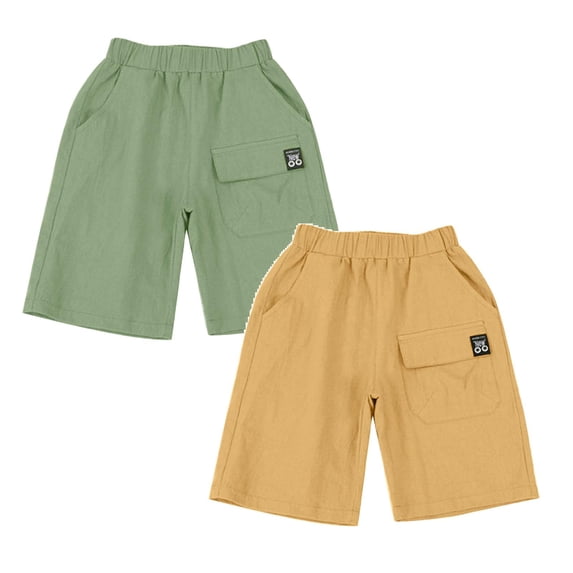 SGMVNU 2 Pack Boys Cargo Shorts with Multi Pockets Elastic Waist Knee Length Cotton Shorts Summer Pull-On Shorts, Size 5-6 Years, Green, Yellow