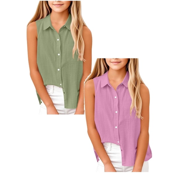 SGMVNU 2 Pack Girl's Button Down Sleeveless Blouse Summer Lapel Collar Tank Tops Casual Loose Cotton Linen Shirts, Size 7-8 Years, Purple & Light Green