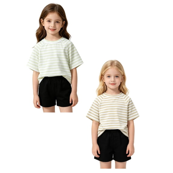 SGMVNU 2 Pack Girl's Striped Shirt Drop Shoulder Short Sleeve Casual Loose Tee Baby Toddler Kids Summer Outfits, Size 3-4 Years, Light Yellow & Light Green