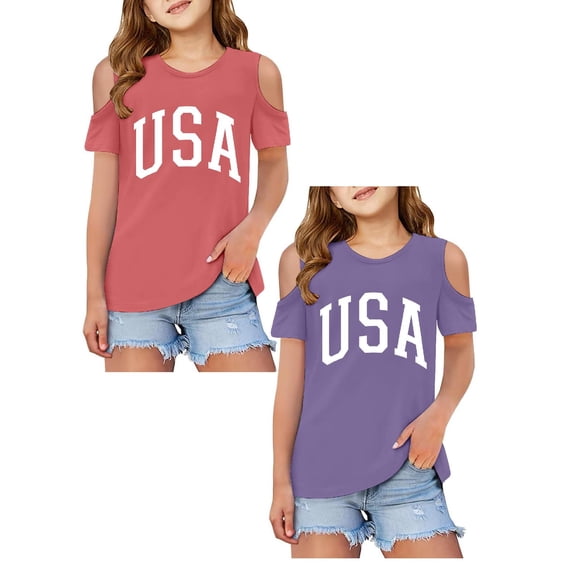 SGMVNU 2 Pack Girls Cold Shoulder T Shirts Short Sleeve Crew Neck Shirt Casual Fit Printed Going Out Tops for Summer, 3-4 Years, Pink, Purple