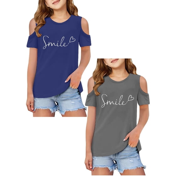 SGMVNU 2 Pack Girls Cold Shoulder T Shirts Short Sleeve Crew Neck Shirt Casual Fit Printed Going Out Tops for Summer, Size 9-10 Years, Blue, Grey-2