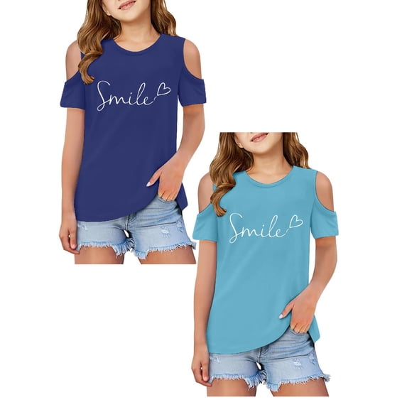 SGMVNU 2 Pack Girls Cold Shoulder T Shirts Short Sleeve Crew Neck Shirt Casual Fit Printed Going Out Tops for Summer, Size 11-12 Years, Blue, Sky Blue-2