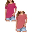 thumbnail image 1 of SGMVNU 2 Pack Girls Cold Shoulder T Shirts Short Sleeve Crew Neck Shirt Casual Fit Printed Going Out Tops for Summer, Size 5-6 Years, Pink, Hot Pink-3, 1 of 7