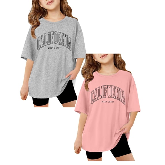 SGMVNU 2 Pack Girls Oversized T Shirts Short Sleeve Crew Neck Printed Tops Summer Casual Loose Athletic Tee Shirt, Size 13-14 Years