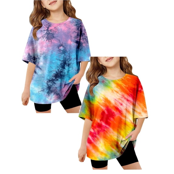 SGMVNU 2 Pack Girls Oversized Tops Fashion Tie Dye T Shirts Casual Loose Short Sleeve Crew Neck Workout Top for Summer, Size 7-8 Years