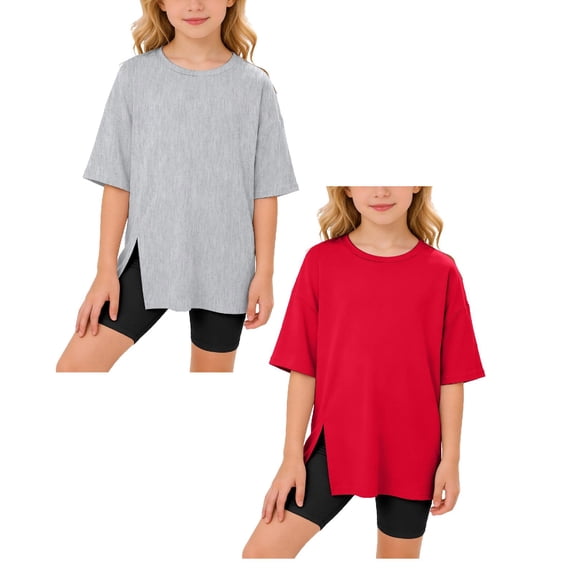 SGMVNU 2 Pack Girls Side Slit Oversized T Shirts Summer Fashion Tops Casual Loose Short Sleeve Crew Neck Workout Tops, Size 11-12 Years, Grey, Red-2