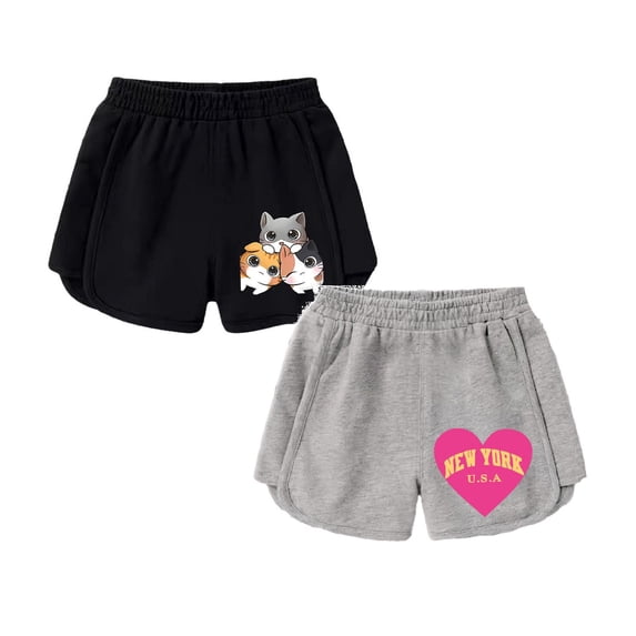 SGMVNU 2 Pack Girls Sweat Shorts Cute Graphic Elastic Waist Athletic Play Shorts Pull-On Casual Shorts Summer Clothes, 7-8 Years, Black, Grey