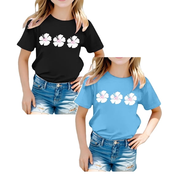 SGMVNU 2 Pack Girls T Shirts Short Sleeve Crew Neck Flower Printed Shirt Casual Loose Fit Cotton Tee Tops for Summer, Size 5-6 Years, Blue, Black-2