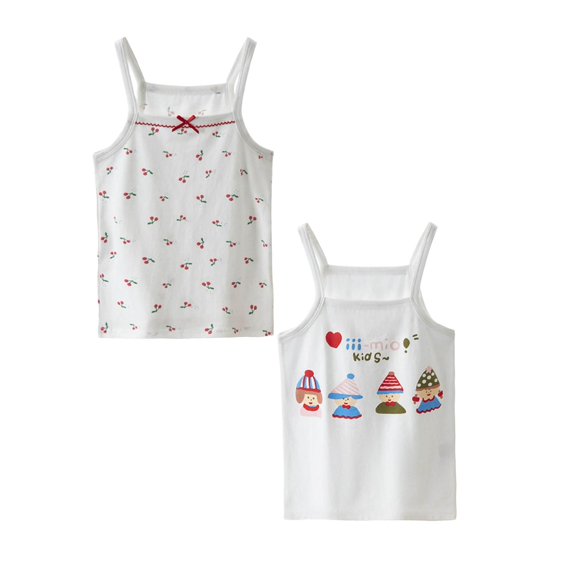 SGMVNU 2 Pack Girls Tank Tops Summer Soft Cotton Camisole Undershirt Cute Cartoon Prints Sleeveless Tanks, White, Red, Size 5-6 Years