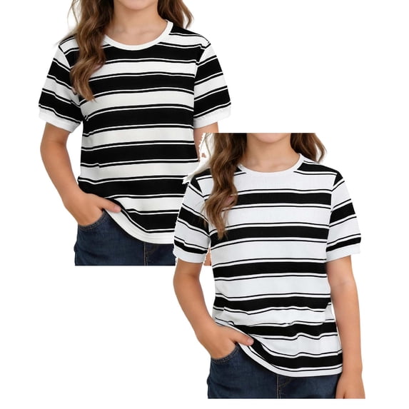 SGMVNU 2 Pack Summer Shirts for Girls Short Sleeve Crewneck Color Block Striped Tops Casual Loose Kids Clothes, Size 4-5 Years, Black & White